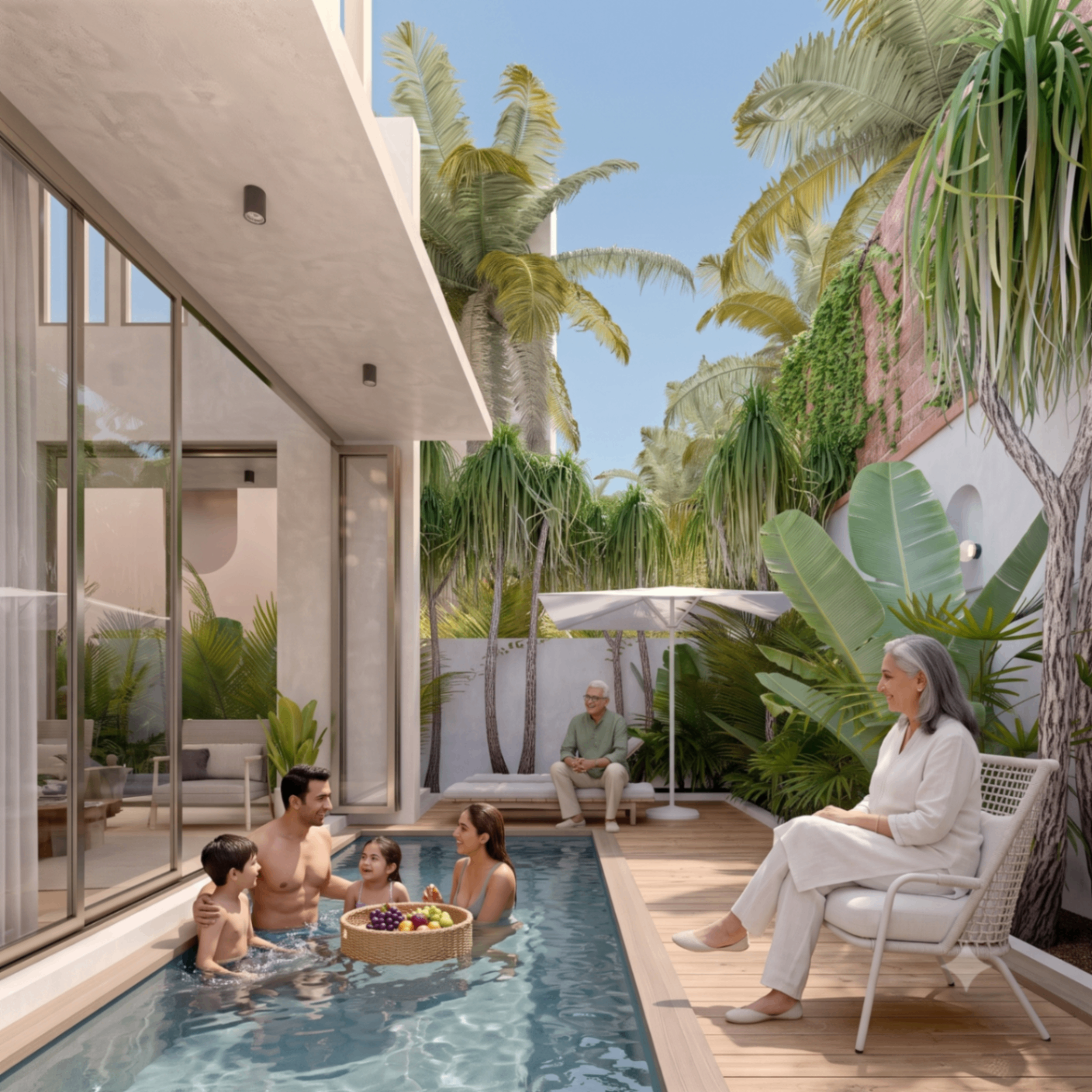 Parents and children sharing time in the private plunge pool at Amara