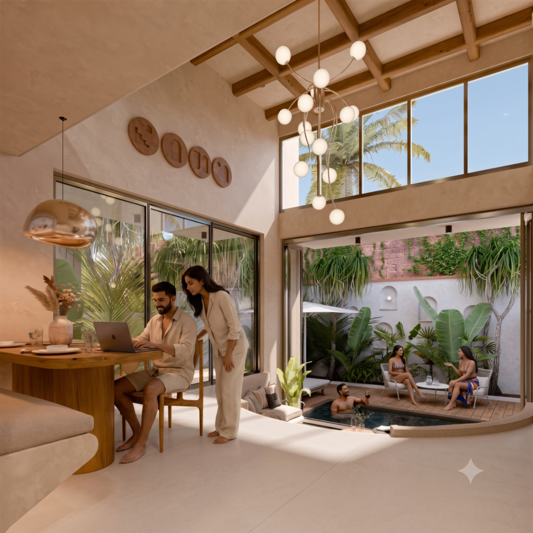 Couple working from a serene villa retreat at Amara