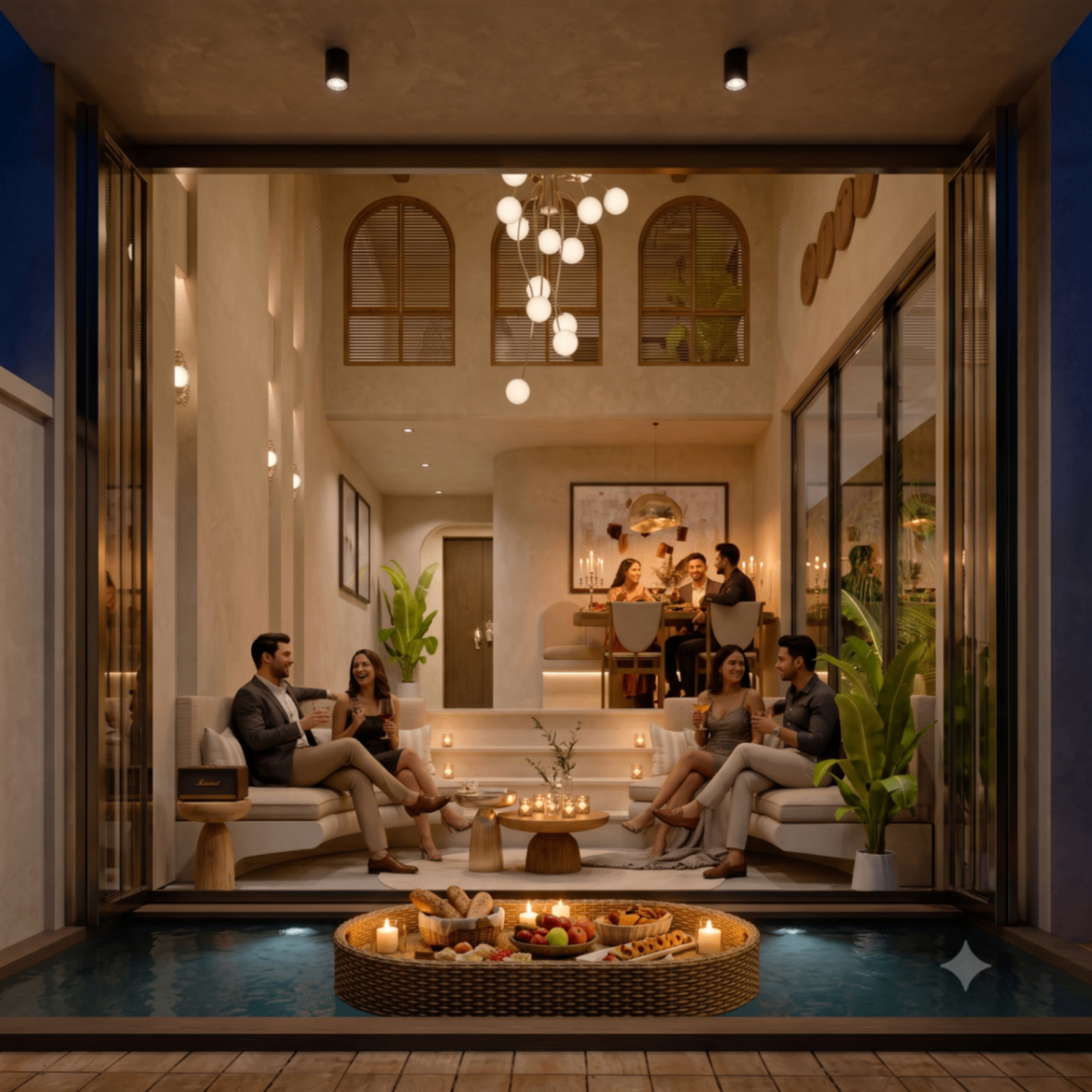 Friends and family gathering around the pool at Amara
