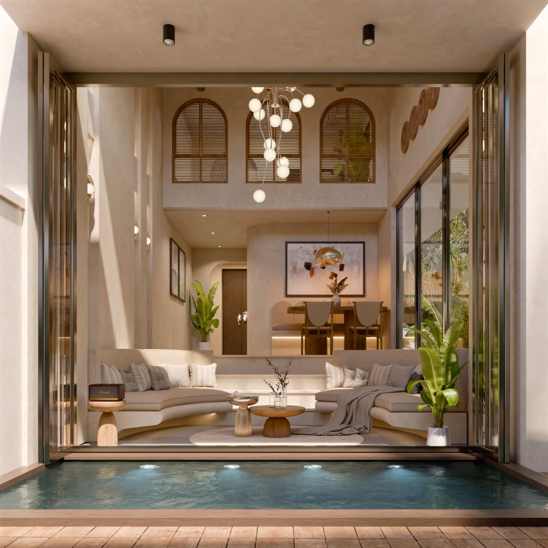 Living and dining flow as one continuous embrace.