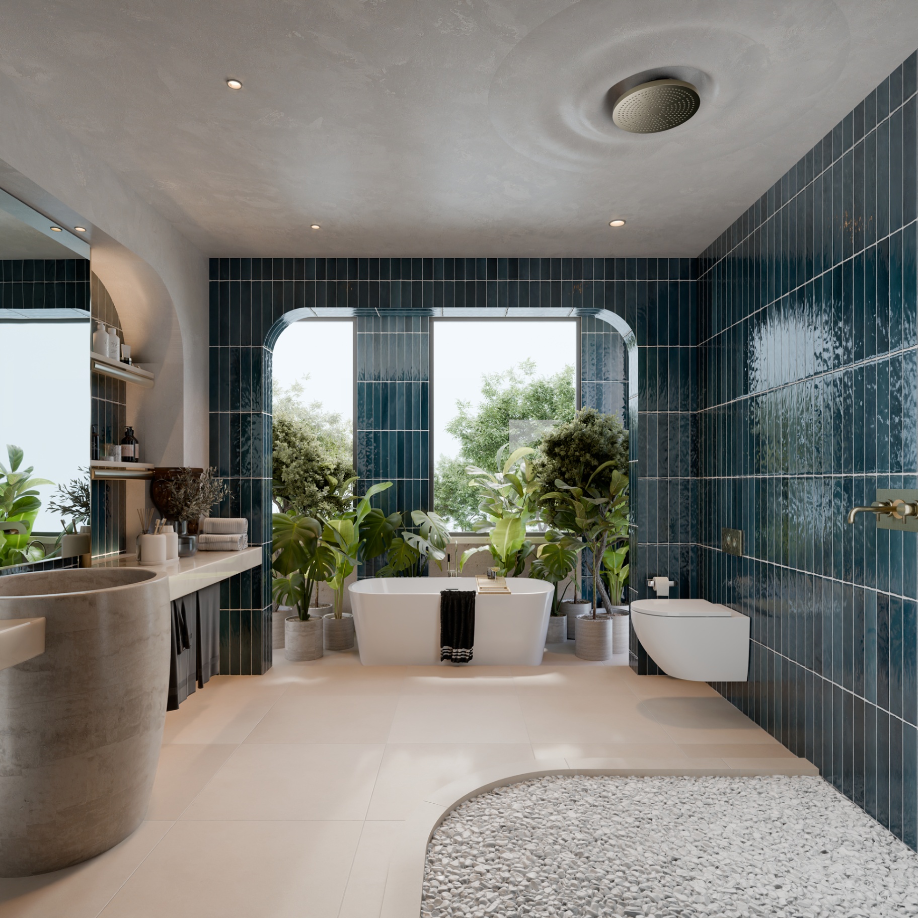 Indoor gardens, brass fittings, the calm of glazed tile.