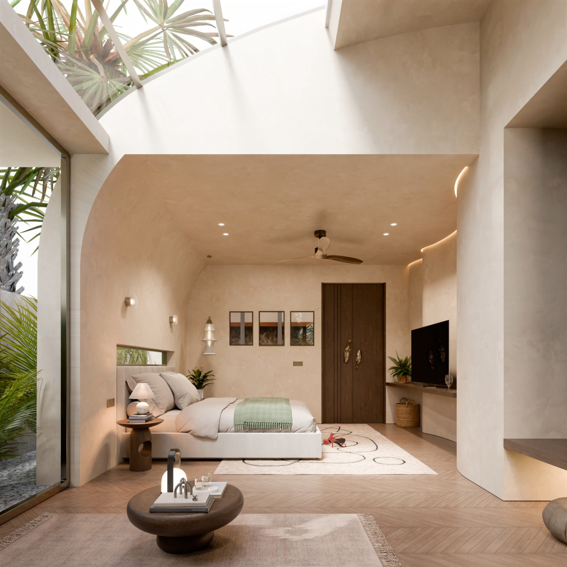 A primary bedroom crowned by sky, framed by soft curves.
