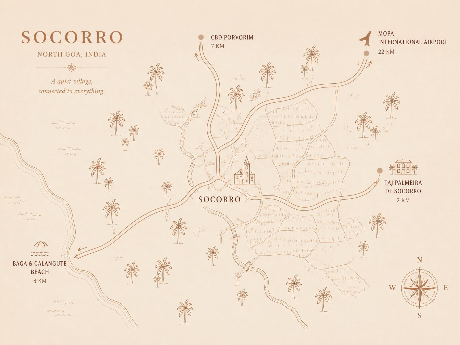 Illustrated map of Socorro with lifestyle, leisure and travel proximities